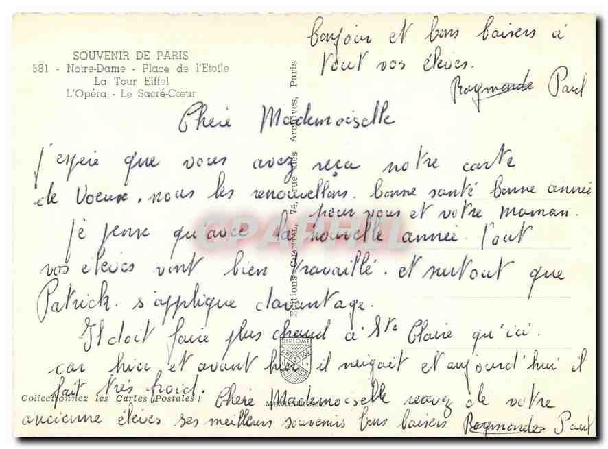 CPM Souvenir de Paris Notre Dame Place de l'Etoile La Toue Eiffel L'Opera le Sacre Coeur — Verso