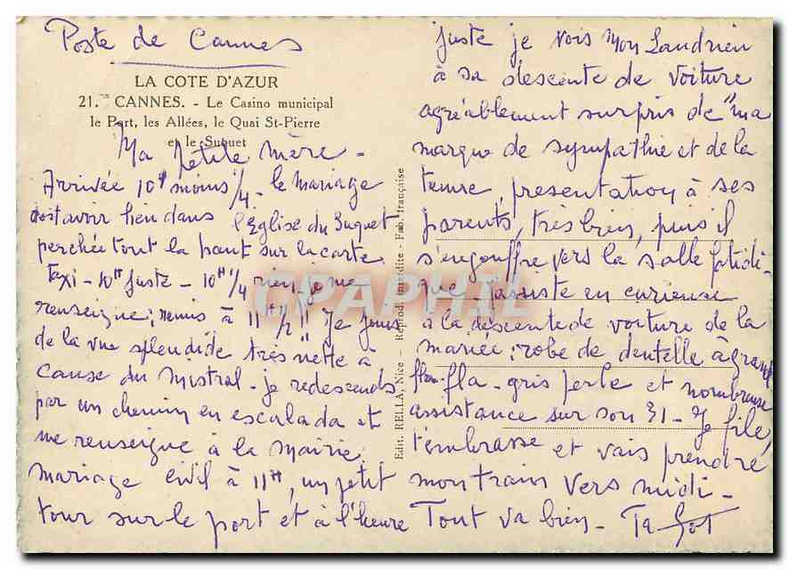 CPM La Cote d'Azur Cannes Le Casino municipal Le port les allees le quai St Pierre et le Suquet — Rückseite