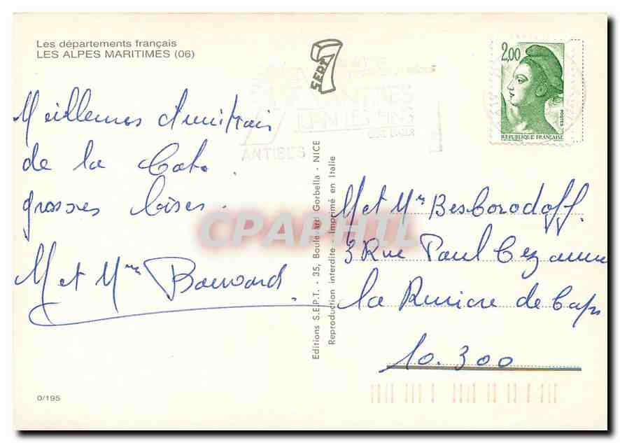 CPM Les departement francais Les Alpes Maritimes — Rückseite