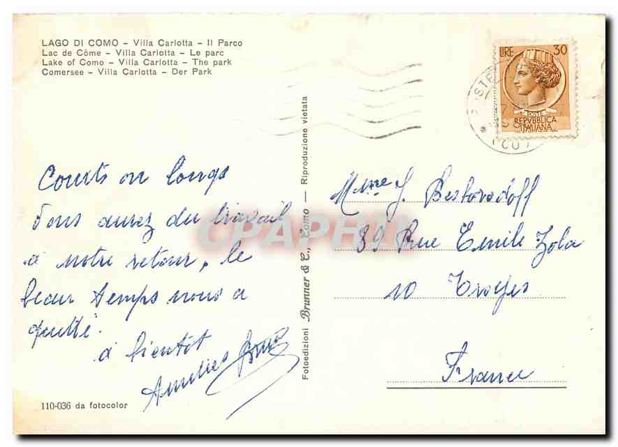 CPM Lac de Come Villa Cariotta le Parc — Rückseite