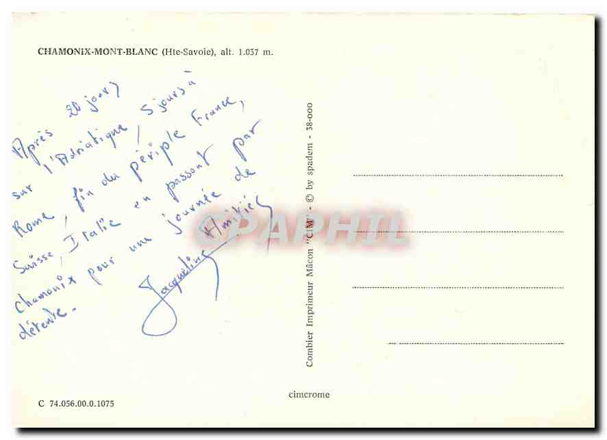 CPM Chamonix Mont Blanc (Hte Savoie) alt 1037 — Verso