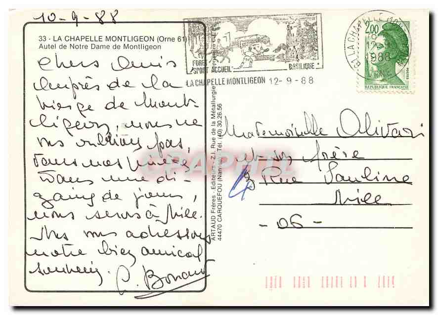 CPM La Chapelle Montligeon (Orne) Autel de Notre Dame de Montligeon — Rückseite