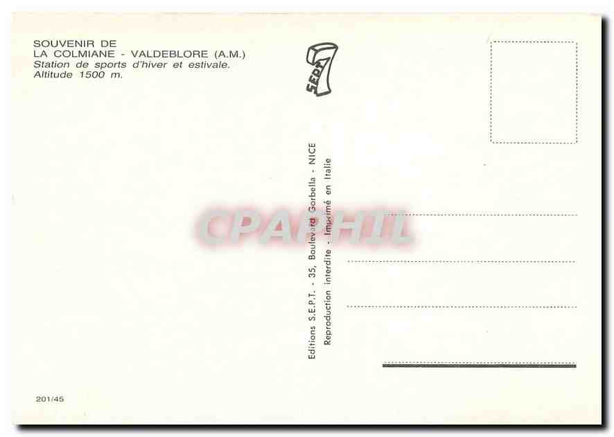 CPM Souvenir de la Colmiane Valdeblore (AM) Station de Sport d'hiver et estivale alt 1500 m — Rückseite