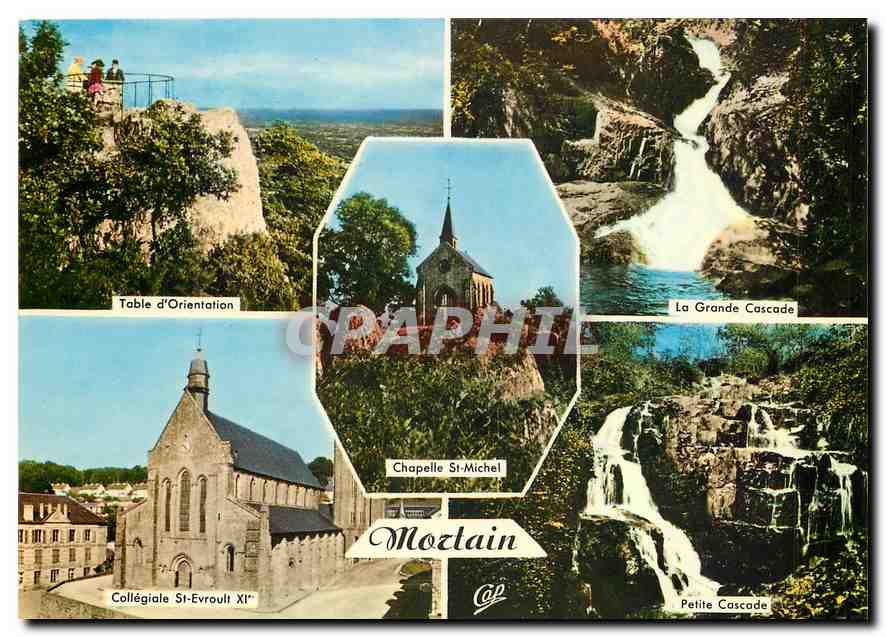 Mozlaine — Collégiale St-Evrault XIe, Chapelle St-Michel, Table d'Orientaion, La Grande Cascade, Petite Cascade — Éditeur Cie des Arts Photomécaniques, Arcueil