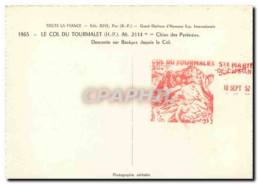 Chien au col du Tourmalet — Route du Pic — Édit. JOVE, Pau — Reverso