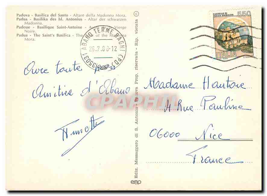 CPM Padoue basilique Saint Antoine Autel de la Vierge Noire — Rückseite