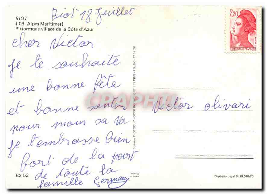CPM Biot (A Mames) pittoresque village de la cote d'Azurd — Rückseite