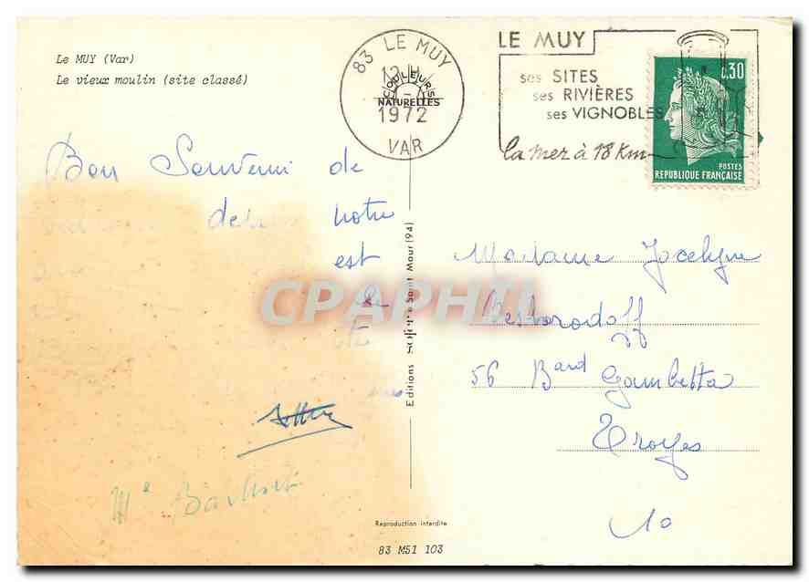 CPM Le Muy (Var) Le veux moulin (Site classe) — Rückseite