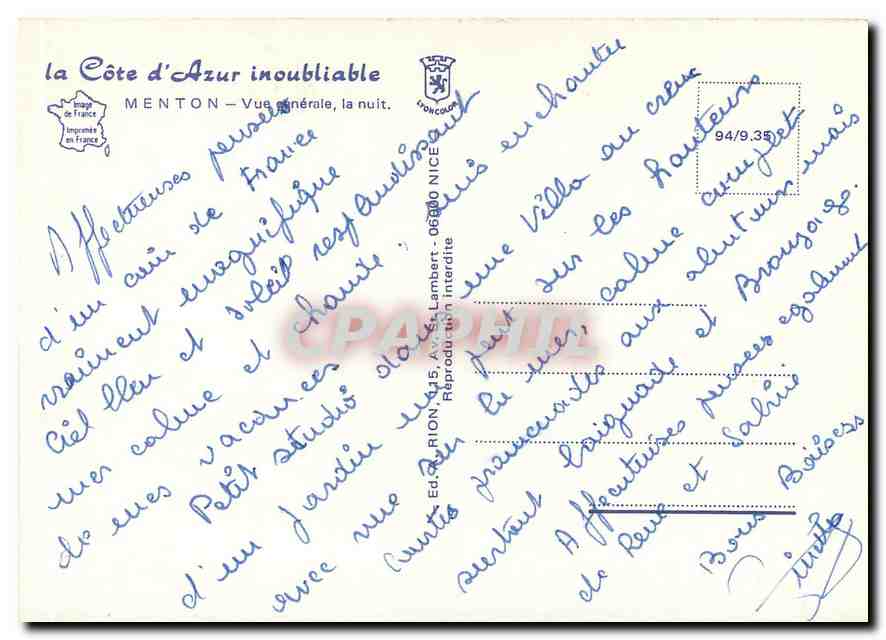 CPM La cote d'Azur inoubliable Menton Vue generale la nuit — Verso