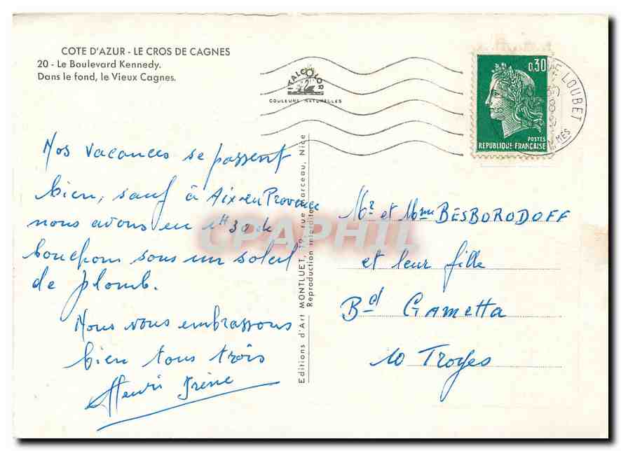 CPM Cote d'Azur Le cros de Cagnes Le Boulevard Kennedy dans le fond le vieux Cagnes — Verso