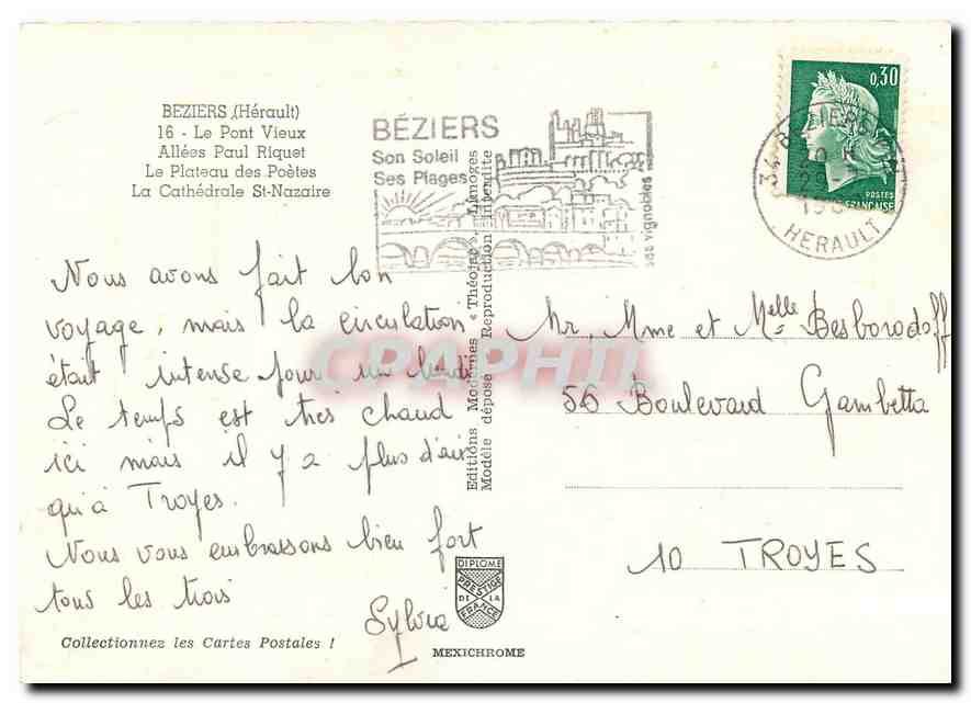 CPM Beziers (Herault) Le Pont vieux allees Paul Riquet Le Plateau des Poetes La Cathedrale St Nazair — Back