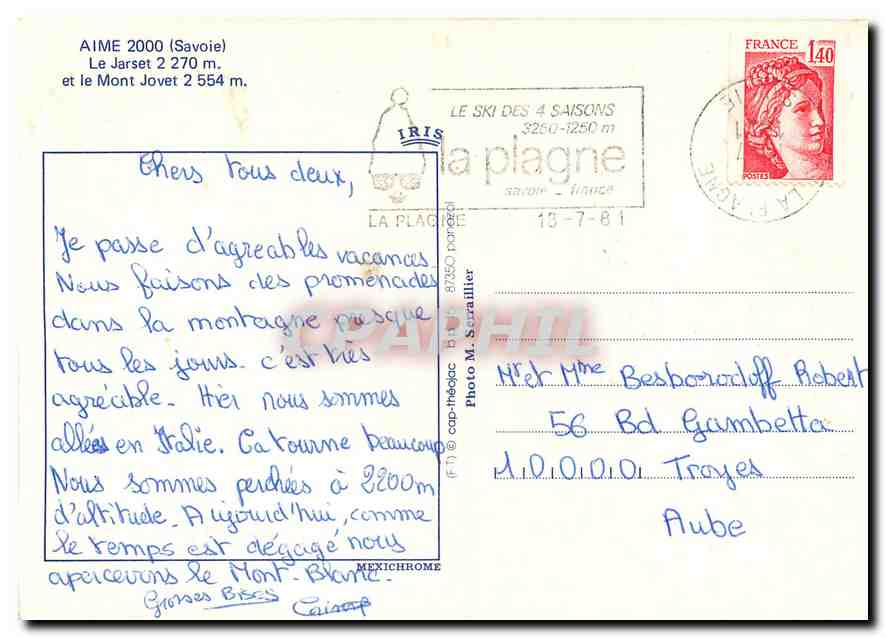 CPM Aime (Savoie) Le Jarset 2270 m et le Mont Jovet 2554 m — Verso