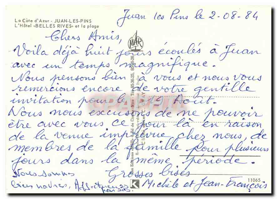 CPM La Cote d'Azur Juan les Pins L'Hotel Belles Rives et la Plage — Rückseite