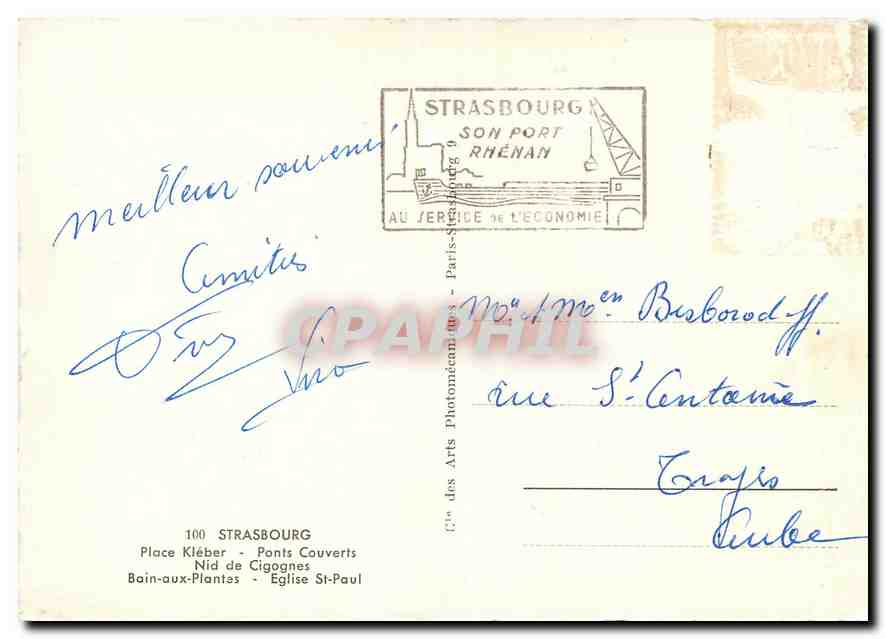 CPM Strasbourg Place Kleber Ponts Couverts Nid de Cigognes — Rückseite