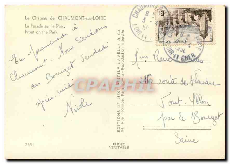 CPM Le Chateau de Chaumont sur Loire la Facade sur le Parc — Rückseite
