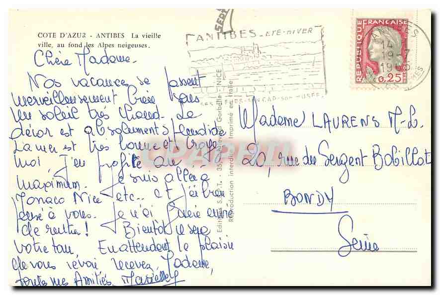 CPM Cote d'Azur Antibes la Cieille Ville au fond les alpes neigeuses — Rückseite
