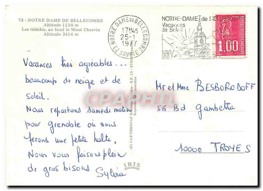 CPM Notre Dame de Bellecombe Alt 1150 m Les Teleskils au fond le Mont Charvin Alt 2414 m — Back