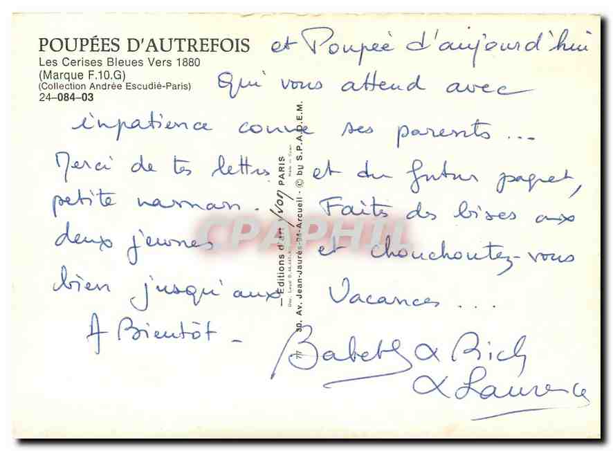 CPM  Poupees d'Autrefois Les Cerises Bleues vers 1880 Andree Escudie Paris — Rückseite