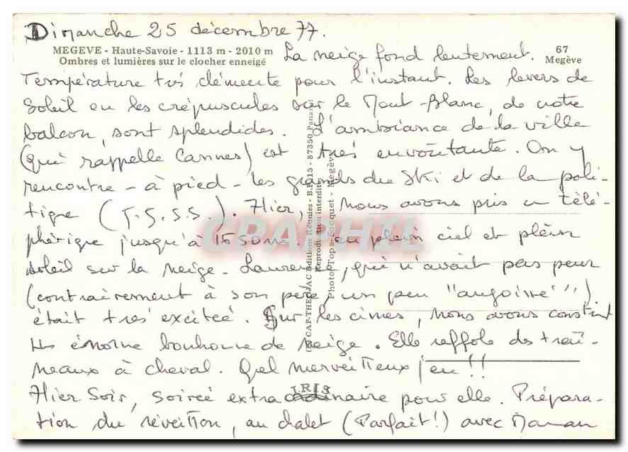 Mégeve - Haute-Savoie - Vue nocturne de l'église sous la neige — éditeur IRIS, n° 67 — Verso