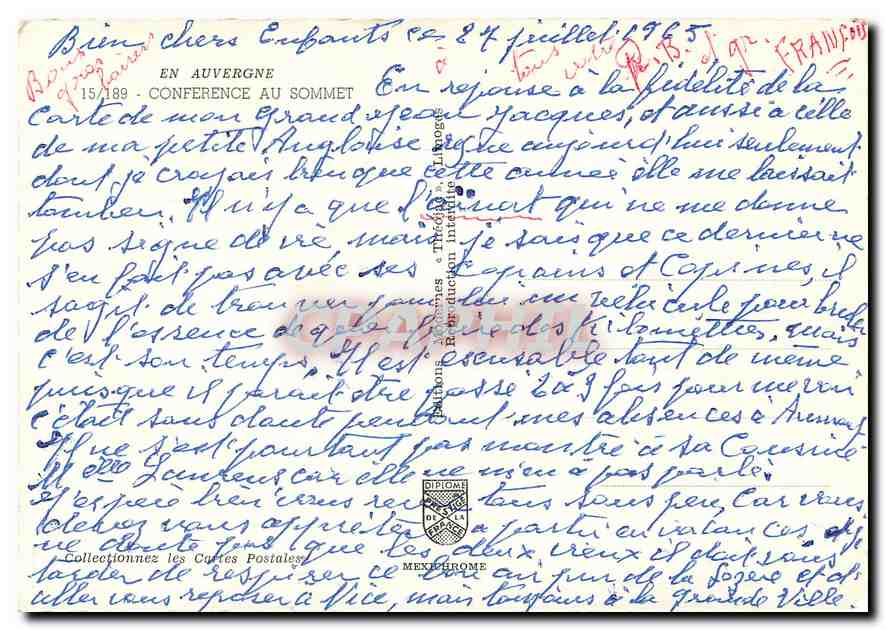 CPM En auvergne conference au sommet Ane Mule Chien — Verso