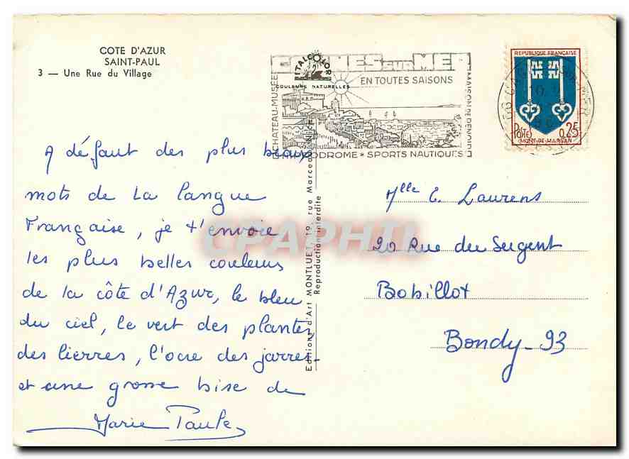 CPM Cote d'Azur Saint Paul Une Rue du Village — Rückseite
