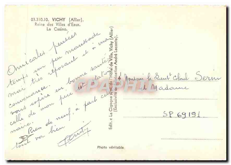CPM Vichy (Allier) Reine des Ville d'Eaux le Casino — Verso