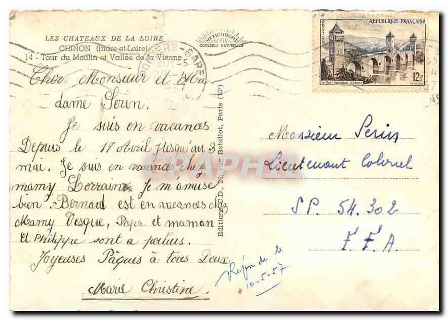 CPM Les Chateaux de la Loire Chinon (Indre et Loire) Tour du Moulin et Vallee de la Vienne — Rückseite