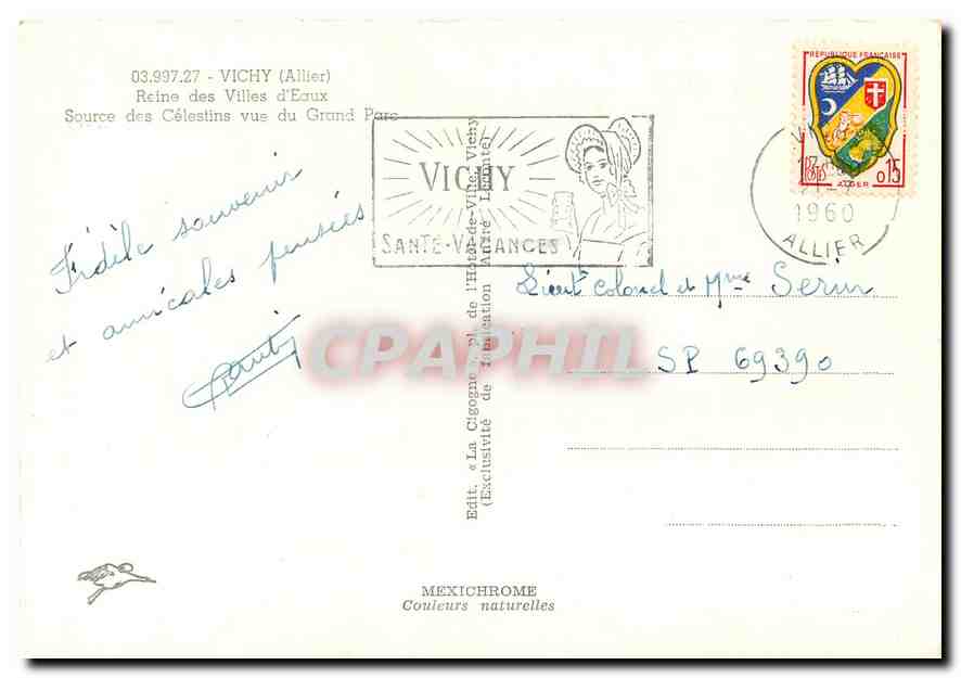 CPM Vichy (Allier) Reine des Villes d'Eaux Source des Celestins vue du Grand Parc — Verso