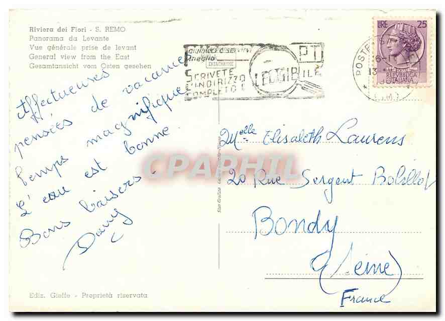 CPM Vue generale prise de levant Riviera da Levante San Remo — Rückseite