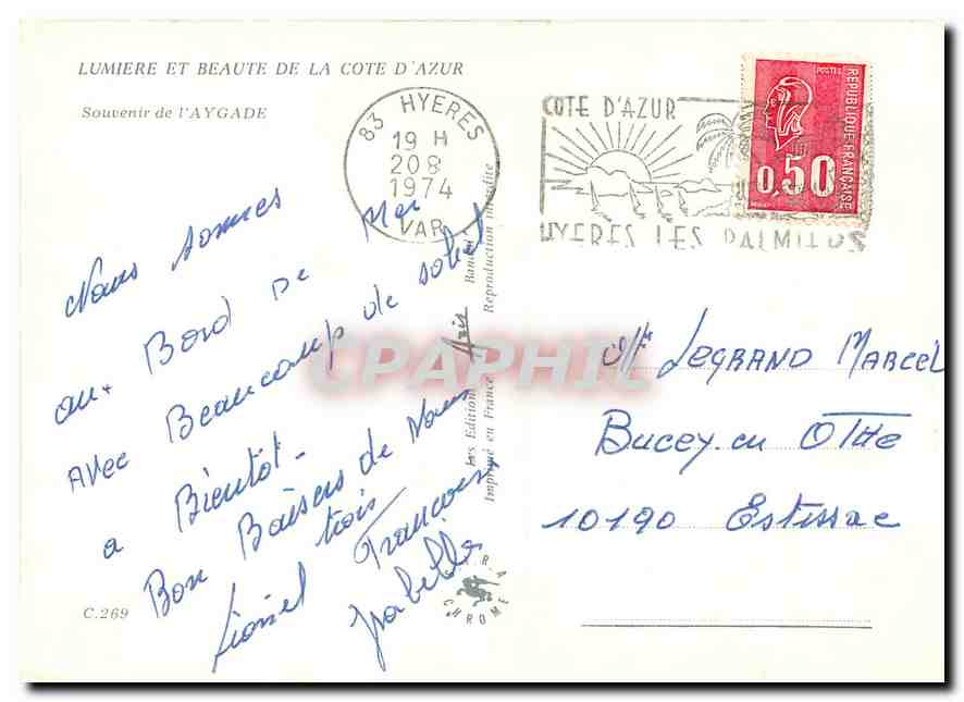 CPM Lumiere et Beaute de la Cote d'Azur Souvenir de L'Aygade — Verso
