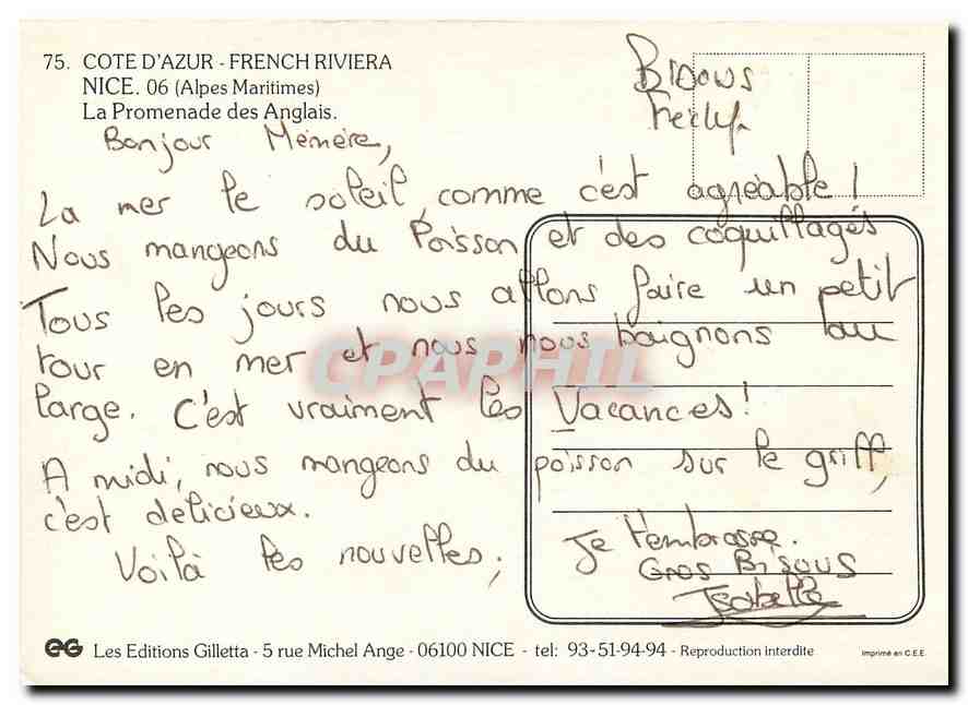 CPM Cote d'Azur French riviera Nice (A Mmes) La Promenade des Anglais — Rückseite