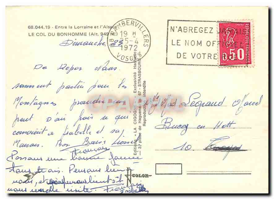 CPM Entre La Lorraine et l'Aldace Le col du Bonhomme  — Back
