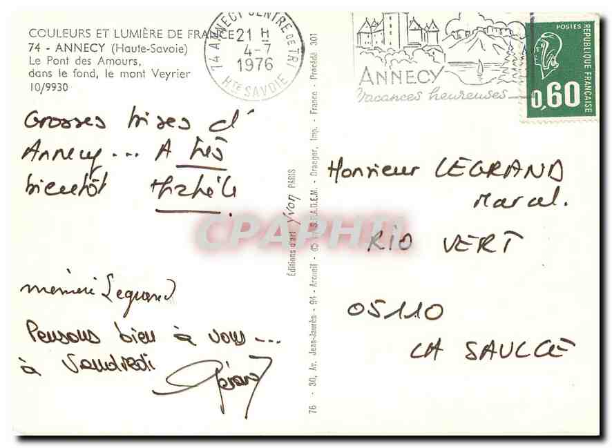 Le Pont des Amours — Annecy — Éditions Yvon - Arrouill — Verso
