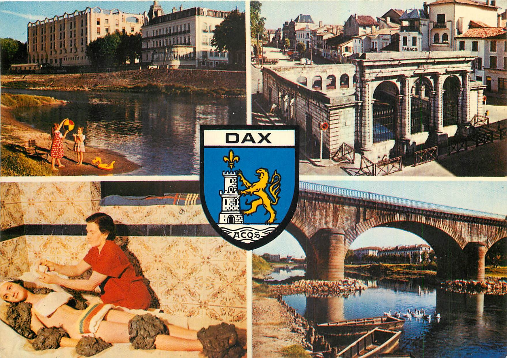 CPM Dax (Landes) Les bords de l'Adour La Fontaine d'eau chaude une applocation de Boue le pont sur l