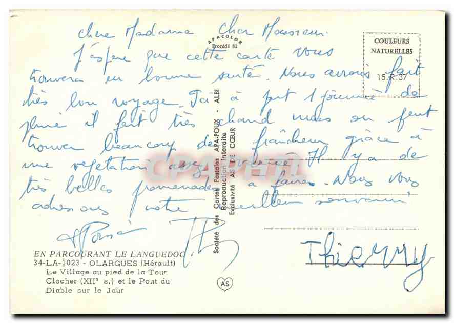 CPM En Parcourant le Languedoc Olargues (Herault) Le village au pied de la Tour Clocher (XIIe s) et  — Rückseite