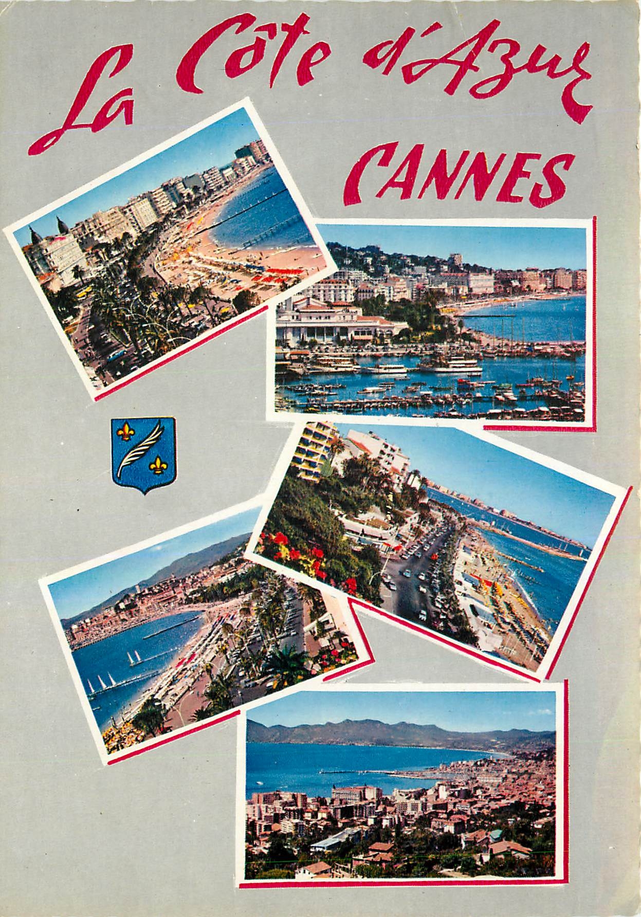 CPM Souvenir de Cannes (A M) Plage de la Croisette et palaces Port et Croistte Plage du Midi