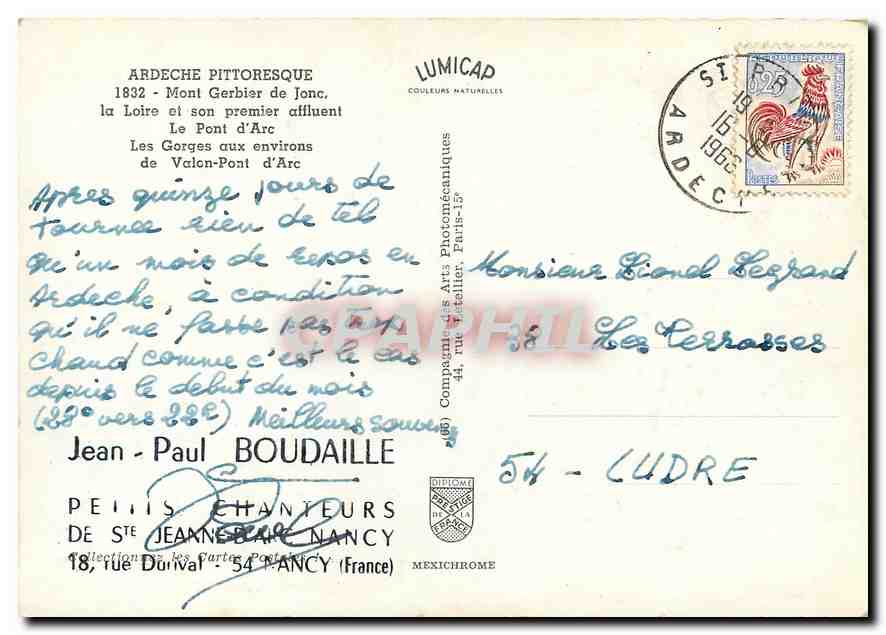 CPM Ardeche Pittoresque Mont Gerbier de Jonc La Loire et son premier affluent le Pont d'Arc — Rückseite