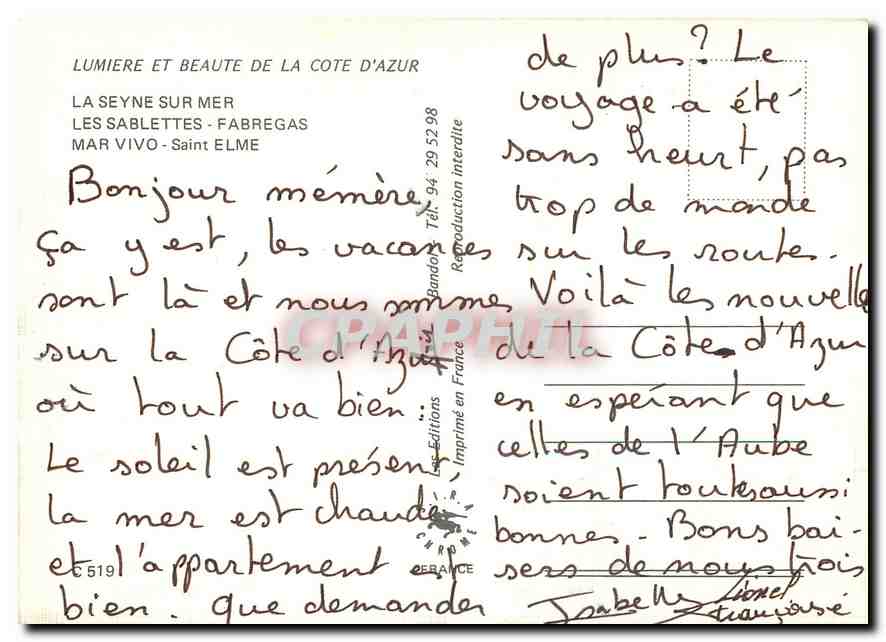 CPM Lumiere et Beaute de la Cote d'Azur Les Sablettes Fabregas — Verso
