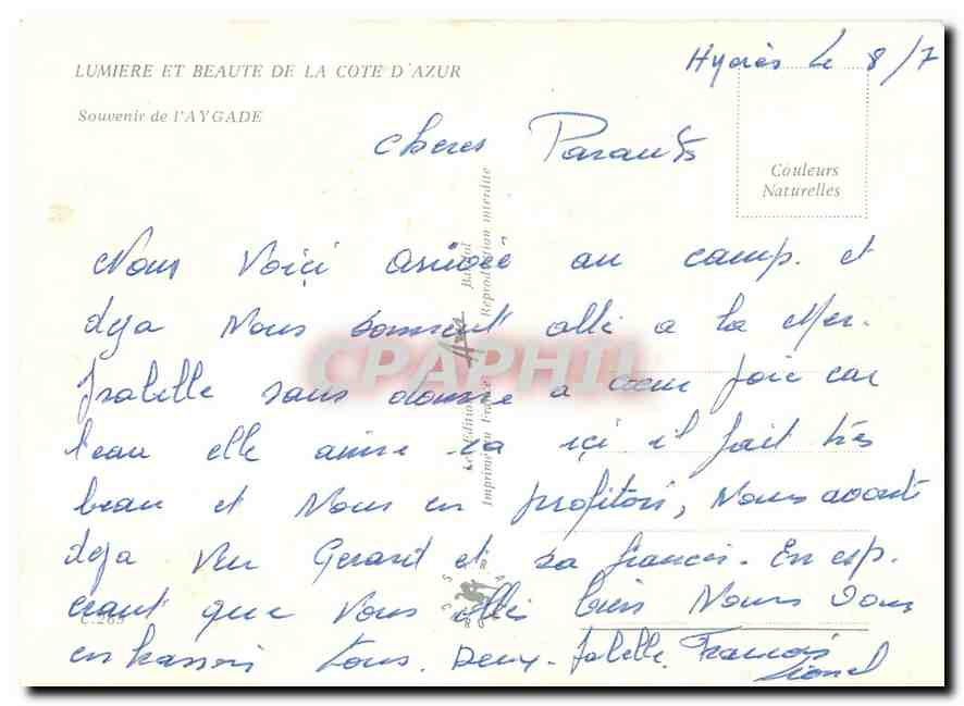 CPM Lumiere et Beaute de la Cote d'Azur Souvenir de l'Aygade — Rückseite