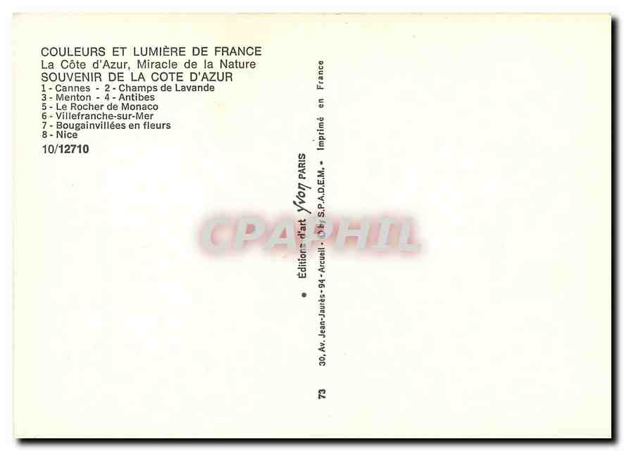 CPM Couleurs et Lumiere de France La Cote d'Azur Miracle de la Nature Souvenir de la Cote d'Azur — Rückseite