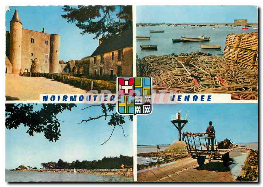 CPM Ile de Noirmoutier le chateau XIe s le port de l'Herbaudiere la plage des Dames le passage du Go