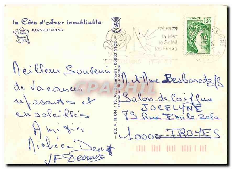 CPM La Cote d'Azur inoubliable Juan les Pins Bateaux Penny Lane — Rückseite