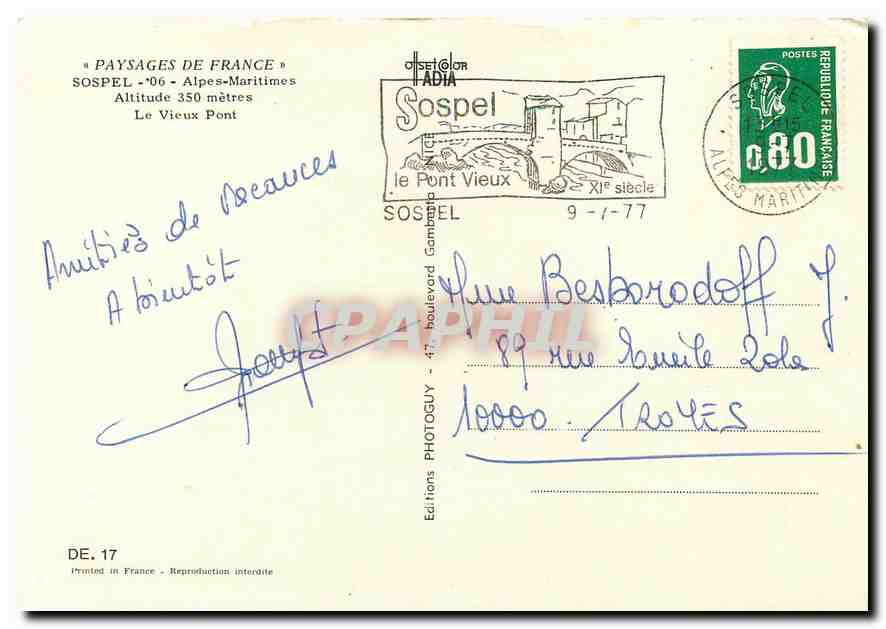 CPM  Paysages de France Sospel Alpes Maritimes alt 350 m le vieux pont — Rückseite
