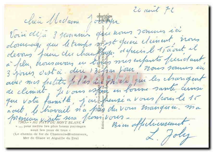 Mont Blanc — Chemin de fer de Chamonix-Montenvers — Édition G. Rèze-Savoie n°7383 — Verso