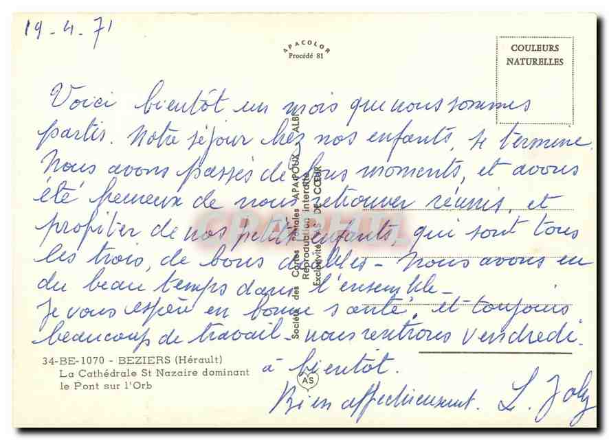 CPM Beziers (Herault) La Cathedrale St Nazaire dominant le Pont sur L'Orb — Back