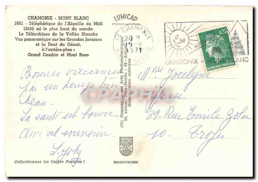 CPM Chamonix Mont Blanc Telepherique de l'Aiguille du Midi — Verso