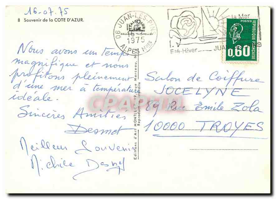 CPM Souvenir de la Cote d'Azur Menton Monaco Vence Nice Juan Les Pins Antibes L'Esterel — Verso