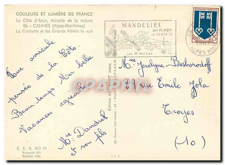 CPM Couleurs et Lumiere de France La Cote d'Azur miracle de la nature Cannes (A Mmes) La croisette e — Rückseite
