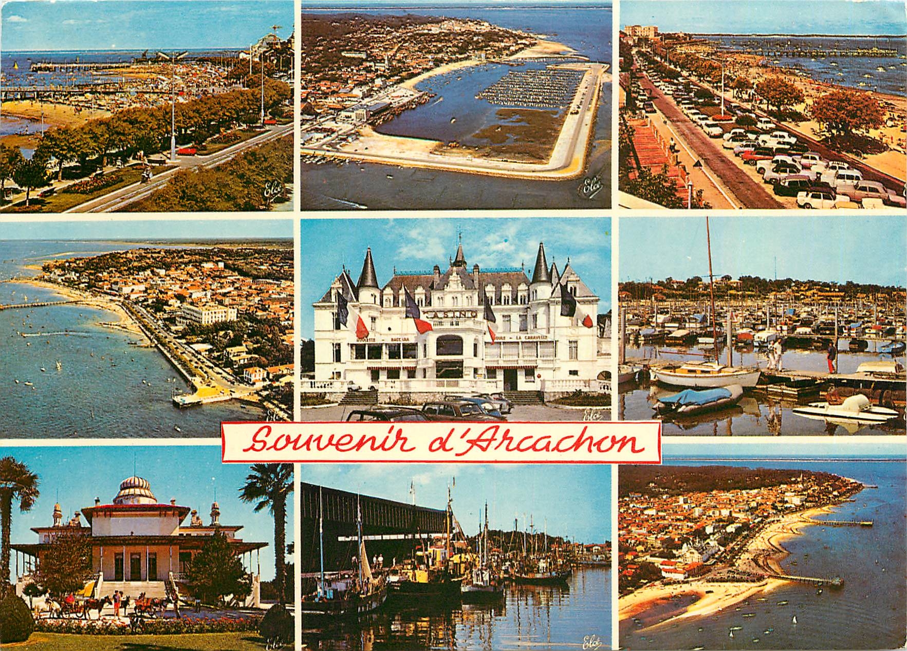 CPM Arcachon de gauche a droite le grand plage le port le Boulevard promenade