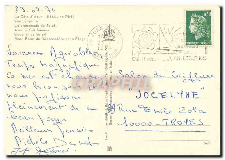 CPM Juan les Pins La Cote d'Azur vue generasle la promenade du soleil Avenue Guillaumant coucher de  — Rückseite